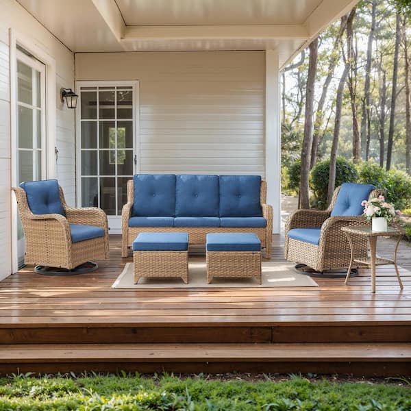 moosprr 6-Piece Yellow Wicker Patio Conversation Set with Olefin Blue Cushions and Swivel Glider Chairs/Couch