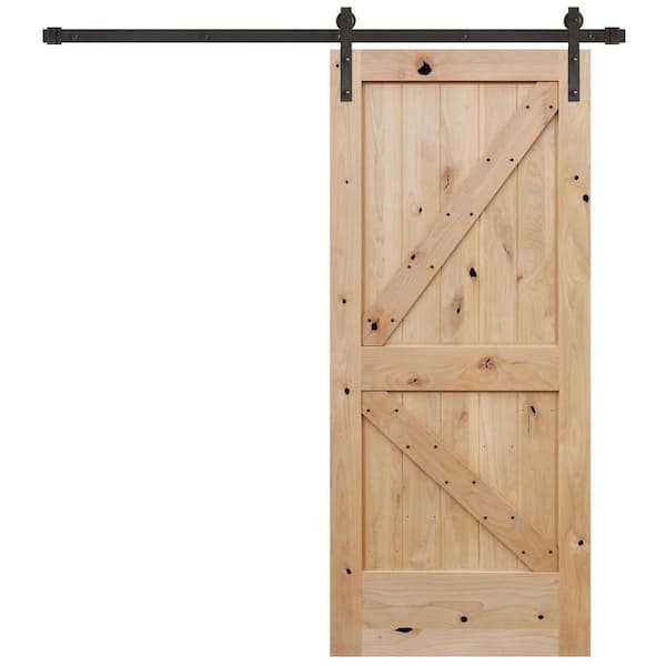 Pacific Entries 36 in. x 84 in. Rustic Unfinished 2-Panel V-Groove Left Knotty Alder Wood Sliding Barn Door with Bronze Hardware