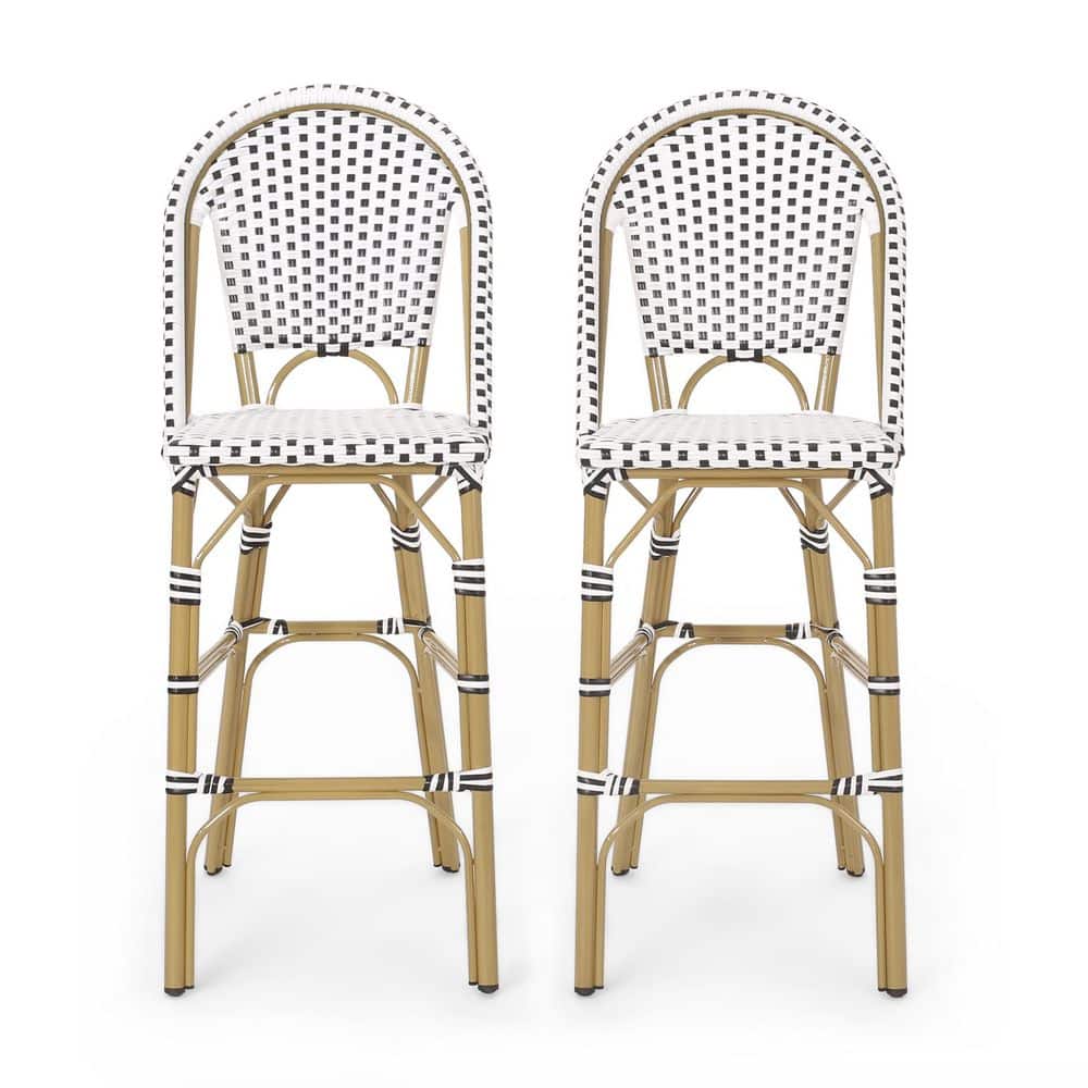 Wicker Outdoor Bar Stool, White and Black, Aluminum Frame Chair with Bamboo Finish (Set of 2) price history on PriceWatchPro