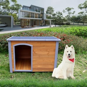 Brown Dog House Outdoor and Indoor Heated Wooden Dog Kennel for Winter with Raised Feet Weatherproof for Large Dogs