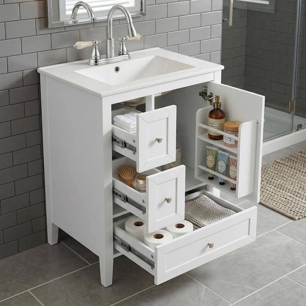 White 24 in. Painted Bathroom Vanity with Ceramic Sink, Storage Rack and Drawers price history on PriceWatchPro