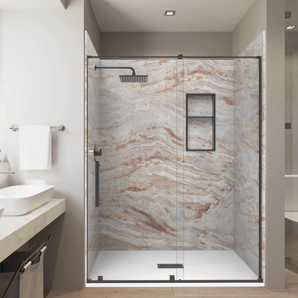 Naca. Brown 36in.x60in. x 84in. Combo Solid Composite Stone Alcove Shower Kit Matching Black Matte Door, Niche & Drain price history on PriceWatchPro