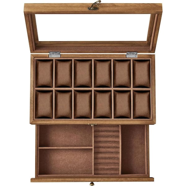 Unbranded Rustic Walnut Wood 12-Slot 2 Layers Watch Box with Glass Lid