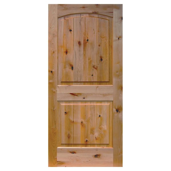 Builders Choice 32 in. x 80 in. 2 Panel Arch Top V-Groove Universal Unfinished Knotty Alder Wood Front Door Slab with Ovolo Sticking