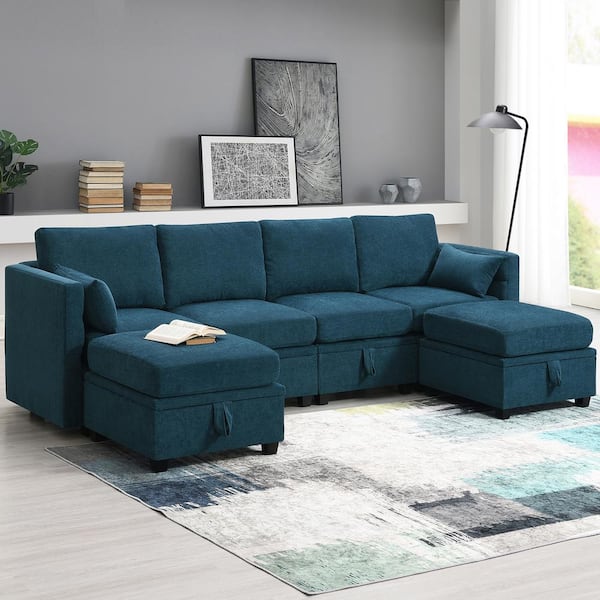 Harper & Bright Designs 109 in. W 6-piece U Shaped Chenille Modular Sectional Sofa in Blue with Adjustable Armrests, Backrests and Storage Seats
