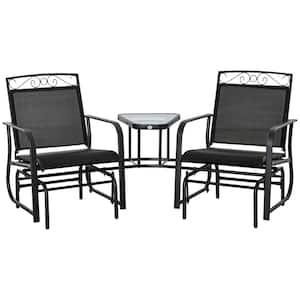 76.75 in. W Black Metal Outdoor Glider with Center Table, Breathable Mesh Fabric and Armrests for Backyard Garden Porch