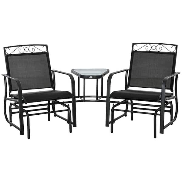 Zeus & Ruta 76.75 in. W Black Metal Outdoor Glider with Center Table, Breathable Mesh Fabric and Armrests for Backyard Garden Porch