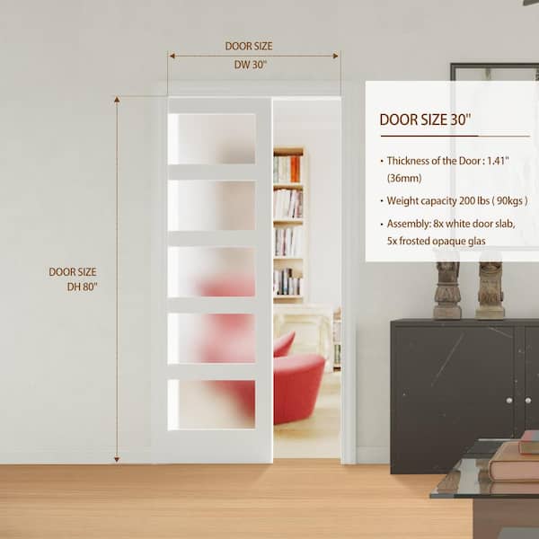30 in. x 80 in. Panel Glass Sliding Door, Single Door Panels White Wood Pocket Door Frame for Closets and Interiors