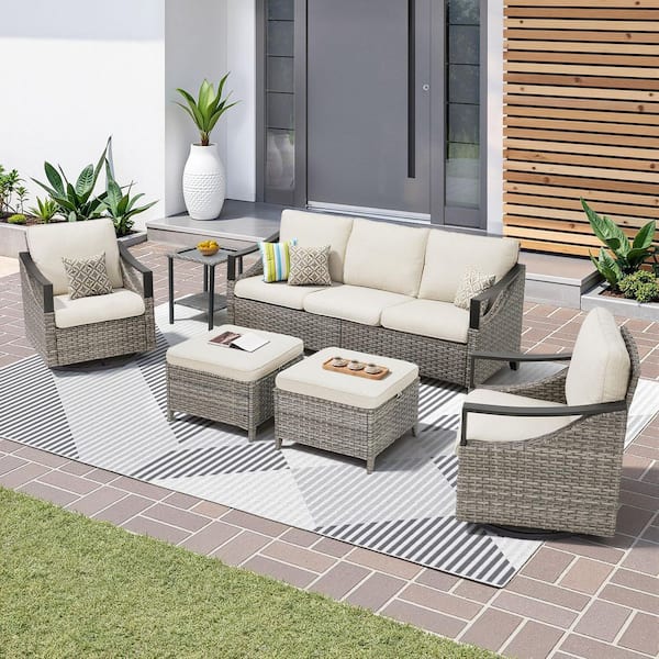 6-Piece Wicker Patio Conversation Set, Outdoor Swivel Chairs with Beige Cushions