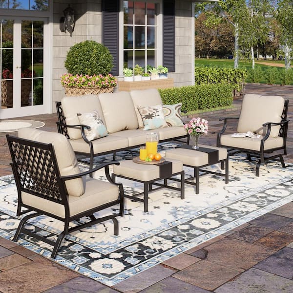 PHI VILLA Black 5-Piece Metal Meshed 7-Seat Outdoor Patio Conversation Set with Beige Cushions, 2 Motion Chairs and 2 Ottomans