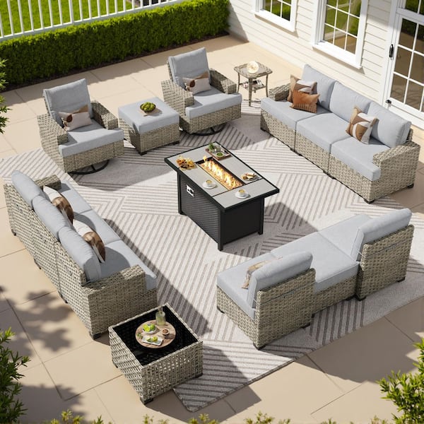 XIZZI Verdantia 15 Pieces Wicker Rectangular Fire Pit Sets and Swivel Rocking Chairs with Grey Cushion