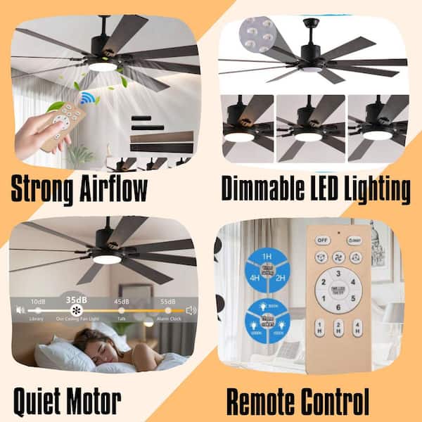 72 in. Indoor Black Walnut LED Ceiling Fan Light,8 Wooden Blades,Remote Control,Dimmable,Adjustable Color Temperature