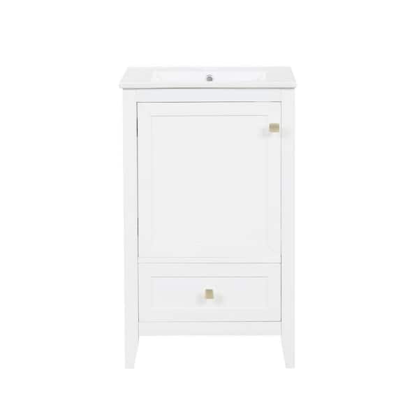 20 in. Single Sink Freestanding White Bath Vanity with White Ceramic Top, Adjustable Foot Pads
