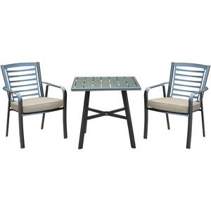 Pemberton 3-Piece Commercial-Grade Aluminum Outdoor Bistro Set with Ash Cushions, 2-Dining Chairs and Slat-Top Table