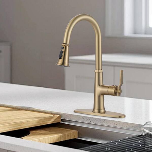 Single Handle Stainless Steel High Arc Pull Down Sprayer Kitchen Faucet with 3-Modes Swivel Spout in Bruhsed Gold