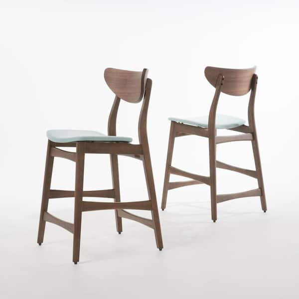 Noble House Lawson 24 in. Mint/Walnut Finish Fabric Counter Stool (Set of 2)
