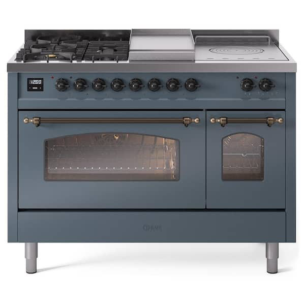 ILVE Nostalgie II 48 in. 5 Burner+Frenchtop+Griddle Freestanding Double Oven Dual Fuel Range in Blue Grey with Bronze