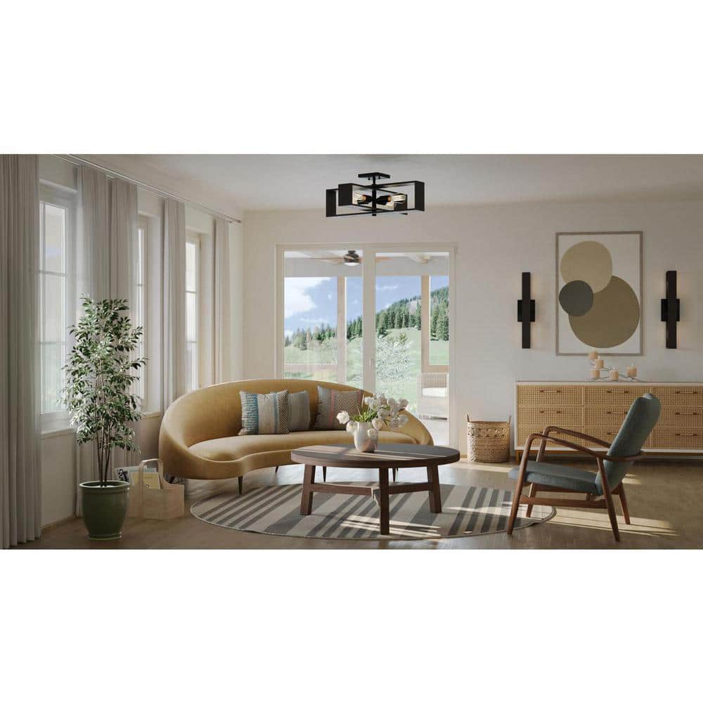 Matte Black and Wood 4-Light Flush Mount Ceiling Fixture