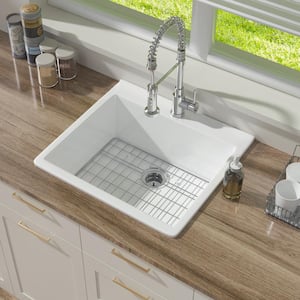 Kitchen Sink 24 in Drop-In Top mount Single Bowl White Fireclay Kitchen Sink 1-Faucet Hole with Bottom Grid and Strainer