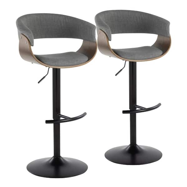 Lumisource Vintage Mod 32 in. Light Grey Fabric, Walnut Wood and Black Metal Adjustable Bar Stool Rounded T Footrest (Set of 2)