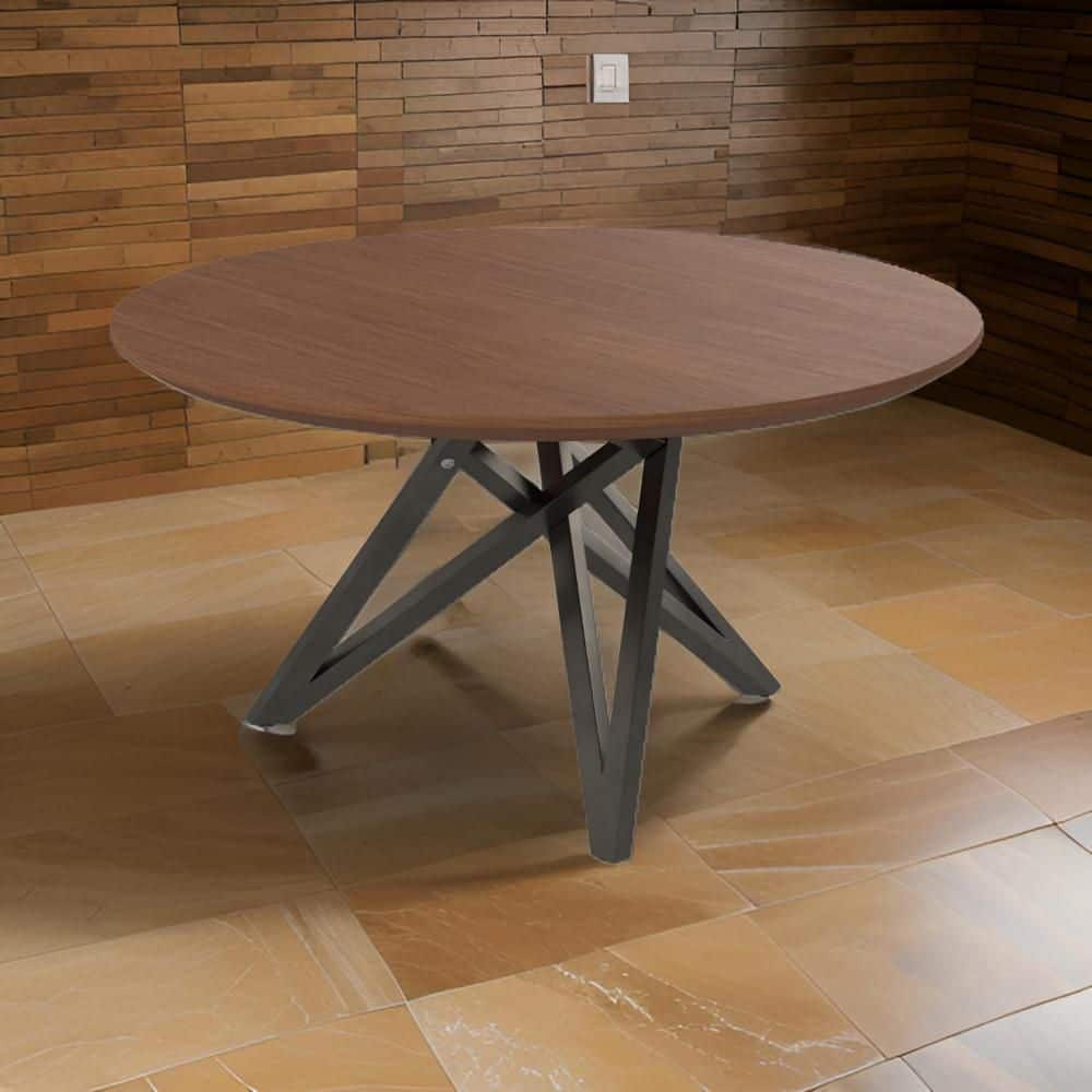 Kimya Round Walnut Wood Dining Table with Black Steel Legs