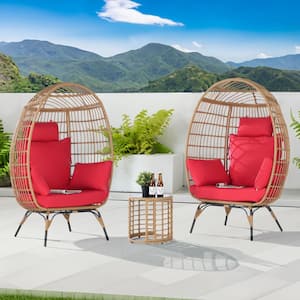 3-Piece Patio Wicker Egg Chair Outdoor Bistro Set with Side Table, with Red Cushion