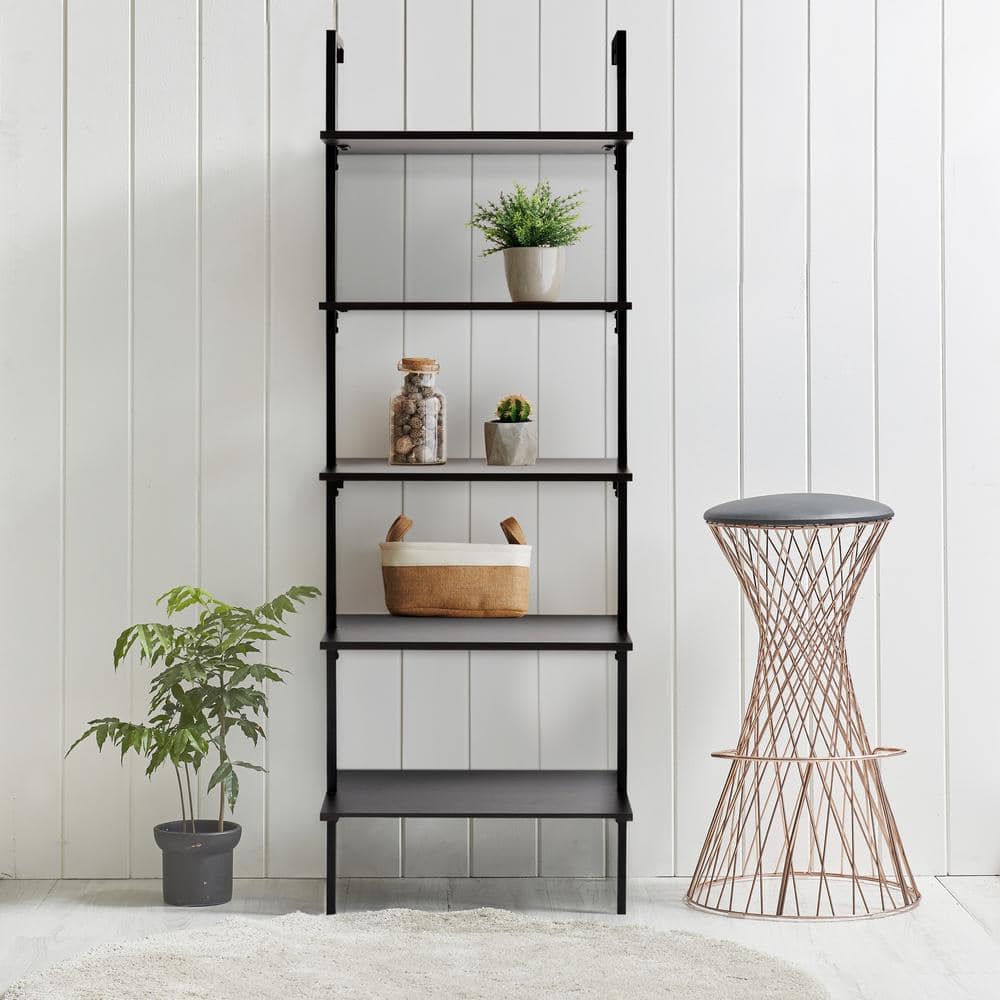 Madera Tall Black Wood and Metal Ladder Bookcase with 5 Shelves