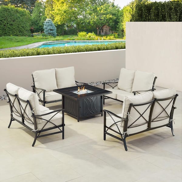 Oakland Living Black Aluminum Fire Table Set with 4-Deep Seating Loveseats