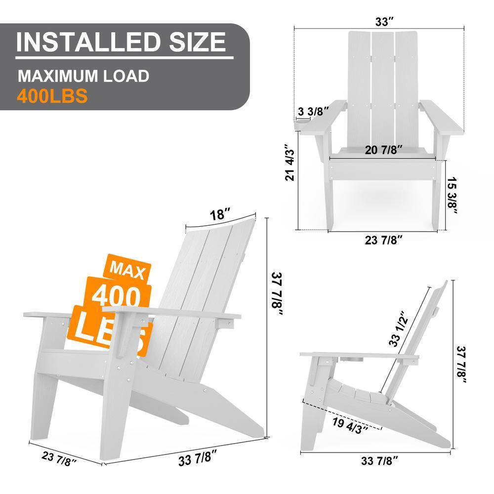 Infographic showing the dimensions and weight capacity of the white Adirondack chair.