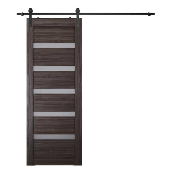 Belldinni Leora 17.75 in. x 95.25 in. 7-Lite Frosted Glass Gray Oak Wood Composite Sliding Barn Door with Hardware Kit