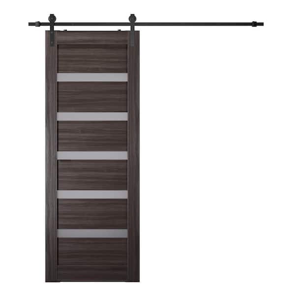 Belldinni Leora 31.75 in. x 95.25 in. 7-Lite Frosted Glass Gray Oak Wood Composite Sliding Barn Door with Hardware Kit