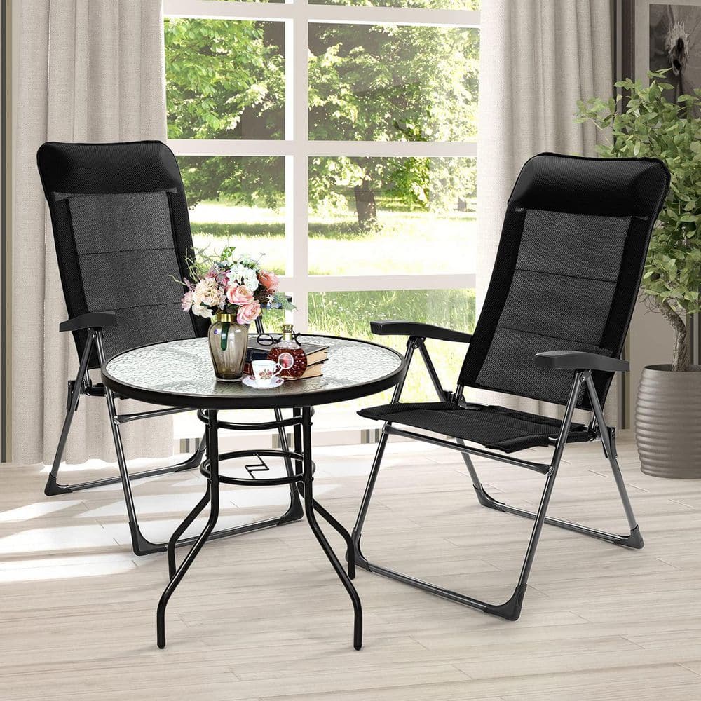 Black Adjustable Folding Patio Dining Chairs with Arms, Set of 2
