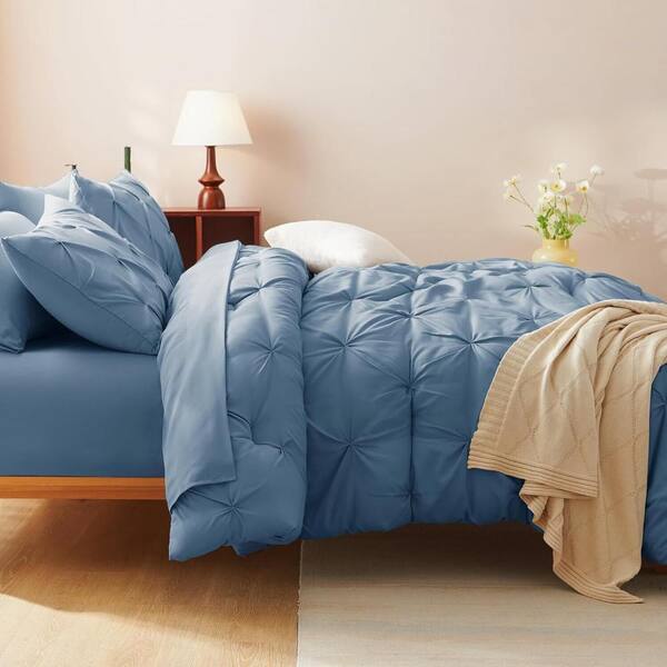 7-Piece King Pintuck Comforter Set - Grayish Blue Bed in a Bag
