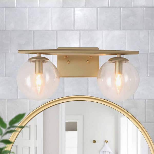Uolfin Modern Globe Bathroom Wall Light Fixture 2-Light Gold Dome Vanity Light with Clear Glass Globe Shades