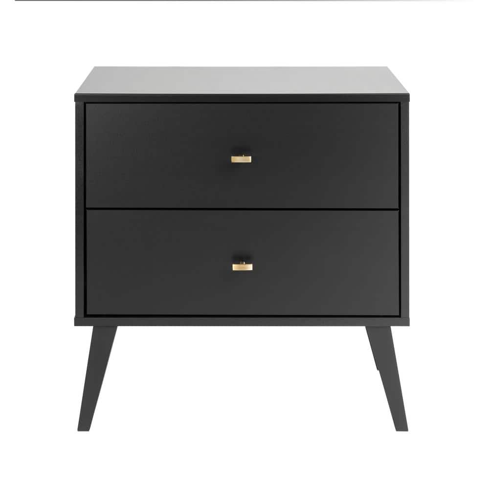 Black Mid-Century Modern 2-Drawer Nightstand with Brass Knobs