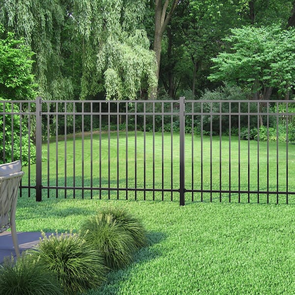 4 ft. x 6 ft. Textured Black Aluminum Flat Top Spaced Picket Metal Fence Panel Kit
