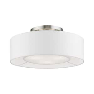 Gilmore 17 in. 3-Light Brushed Nickel Semi-Flush Mount with Shiny White Accents and an Off-White Fabric Shade