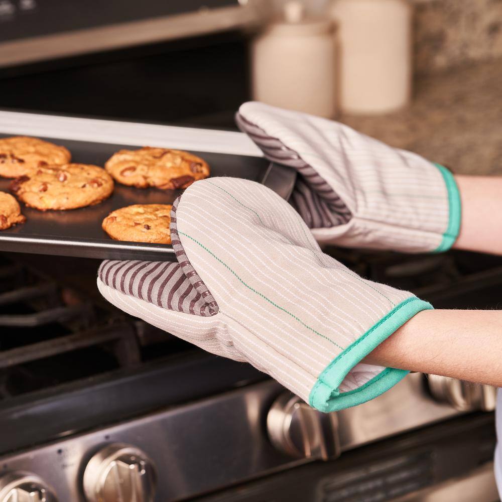 Beige Striped Cotton Mini Oven Mitts with Silicone Palm Set