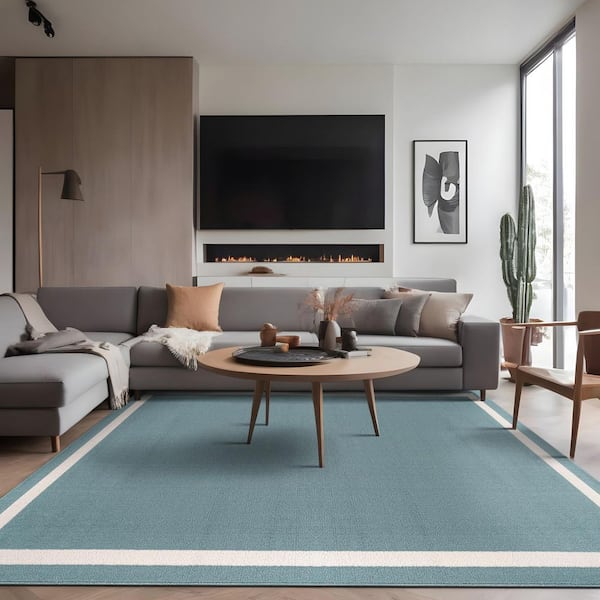 Aura Teal 5 ft. x 7 ft. Rubber Back Washable Modern Bordered Indoor Outdoor Area Rug