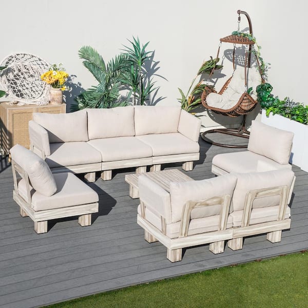 moda furnishings Choi 8-Piece Aluminum Outdoor Patio Wood Grain Sectional Conversation Set with White Cushions