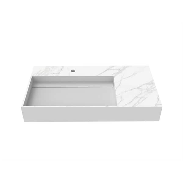 Juniper 36 in. Wall Mount Solid Surface Left Side Basin Rectangular Bathroom Sink in Matte White Marble