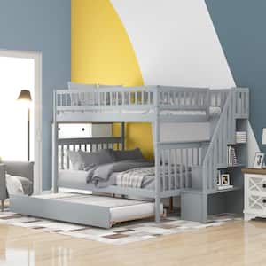 Gray Full Over Full Bunk Bed with Trundle and Staircase