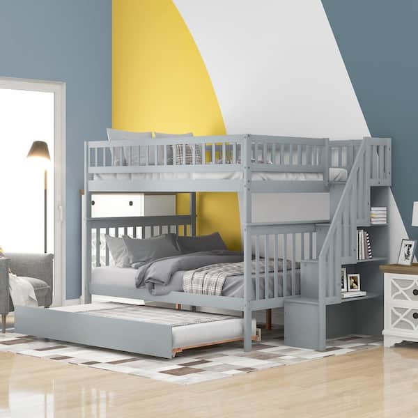 Qualler Gray Full Over Full Bunk Bed with Trundle and Staircase