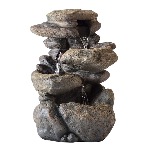 Alpine Corporation 11 in. Tall Indoor 3-Tier Tabletop Stone Water Fountain with LED Lights