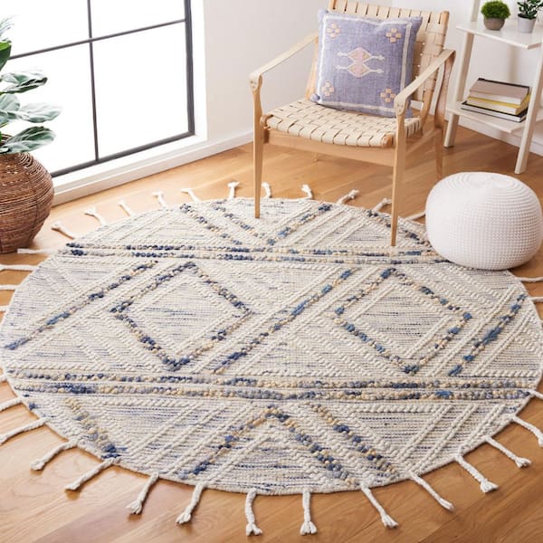 Natura 6 ft. x 6 ft. Ivory/Blue Diamond Striped Abstract Round Area Rug