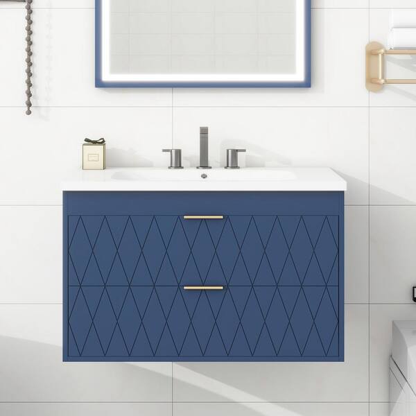 ExBrite 30 in. W x 18 in. D x 19 in. H Floating Bathroom Vanity with Sink in Navy Blue White Top and Basin