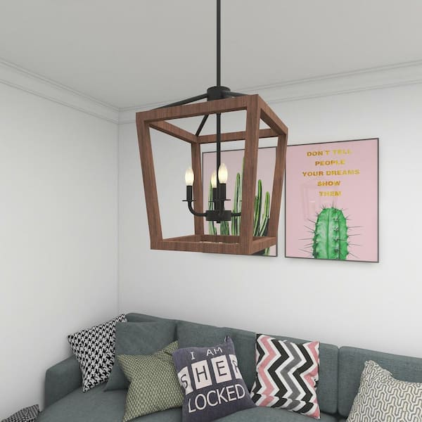 4-Light Lantern Pendant Light，Brown Farmhouse Chandelier for Kitchen Island
