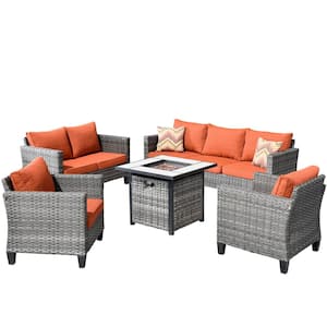 Mars Gray 5-Piece 7-Seat Wicker Patio Conversation Fire Pit Sofa Set with Red Orange Cushions
