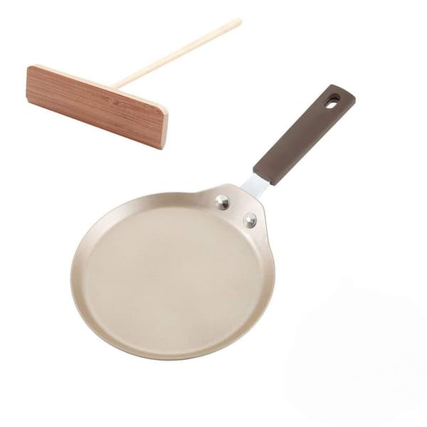 6 in. White Non-Stick Carbon Steel Mini Crepe Pan with Bamboo Spreader and Insulating Silicone Handle, Electric Cooker