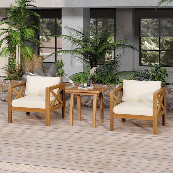 Teak 3-Piece Wood Patio Conversation Set with Beige Cushions, Side Table